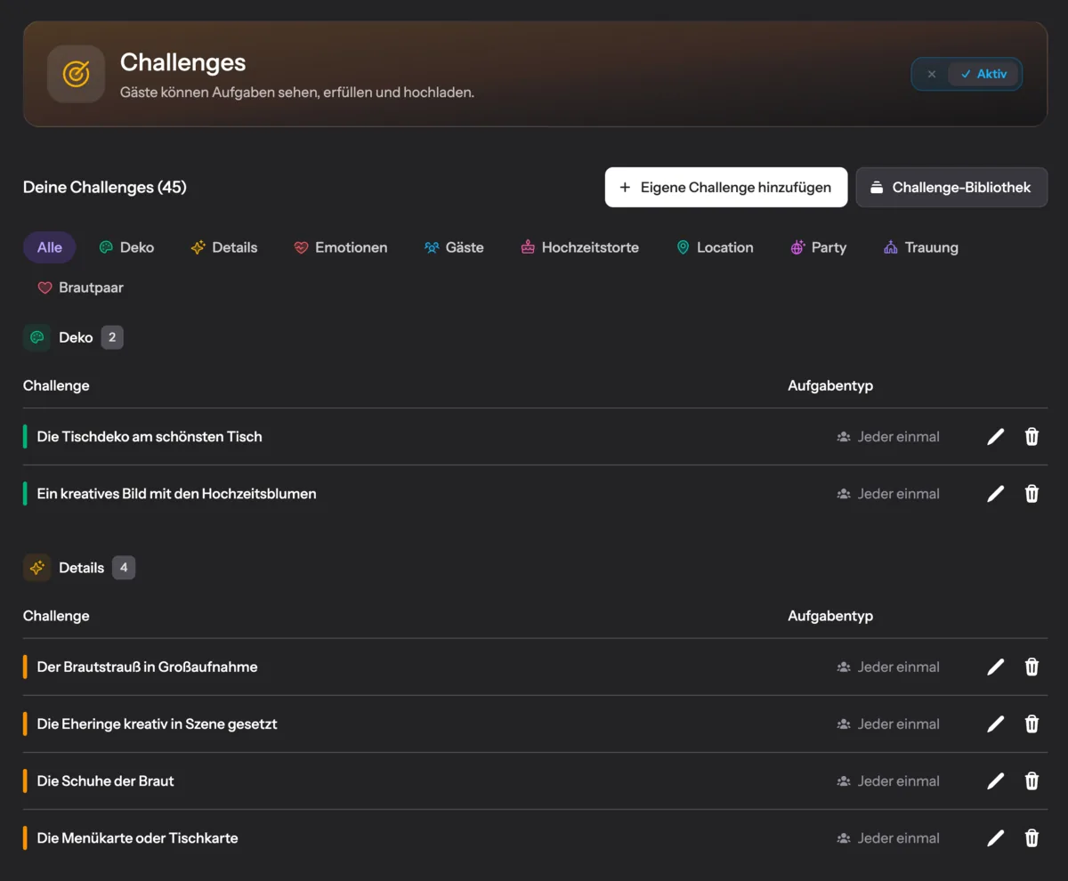 Die Challenges-Verwaltung im Pixxta-Editor mit den Fotoaufgaben nach Kategorien